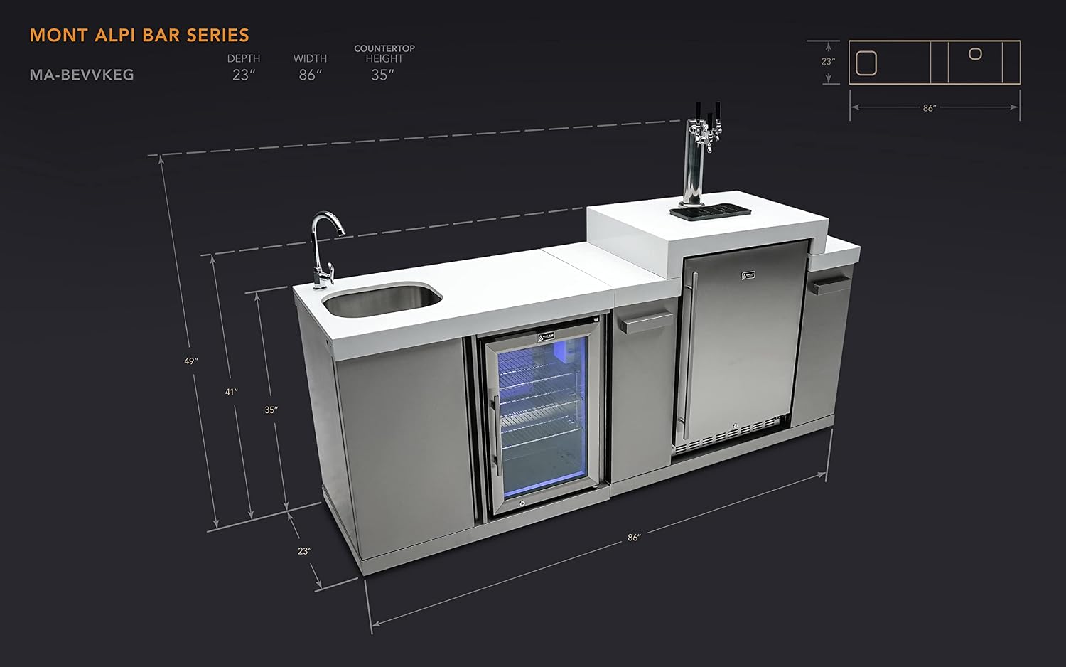 Mont Alpi Bar Series MA-BEVKEG Stainless Steel Outdoor Rated 3 Beer Tap Kegerator Keg Center Dispenser + Beverage Center with Compact Refrigerator + Granite Countertops