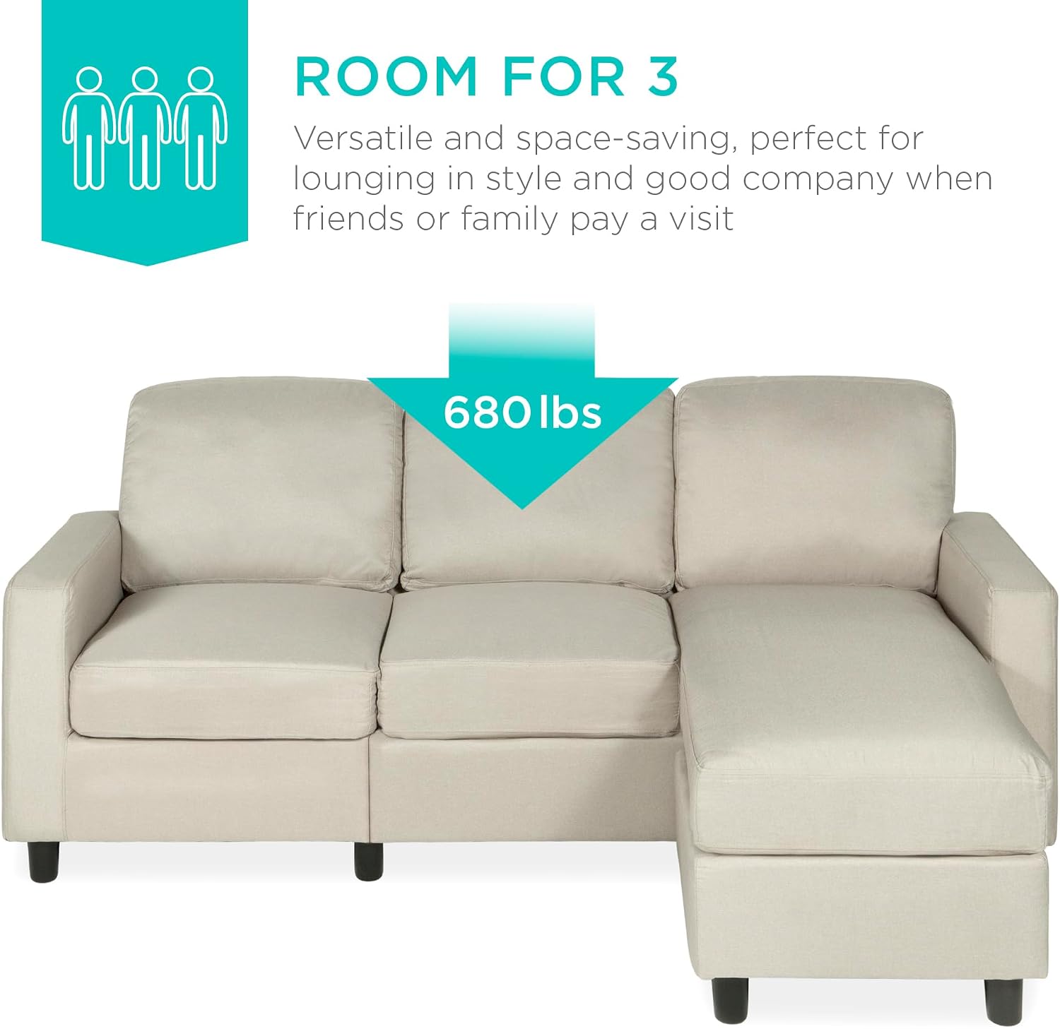 Best Choice Products Upholstered Sectional Sofa for Home, Apartment, Dorm, Bonus Room, Compact Spaces w/Chaise Lounge, 3-Seat, L-Shape Design, Reversible Ottoman Bench, 680lb Capacity - Beige