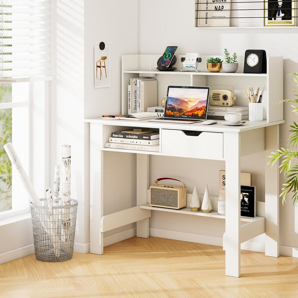 Tangkula White Desk with Hutch & Drawer, Modern Computer Desk with Charging Station USB & Type C Port, Cable Hole, Home Office Desk with Storage Shelves for Study Room Bedroom