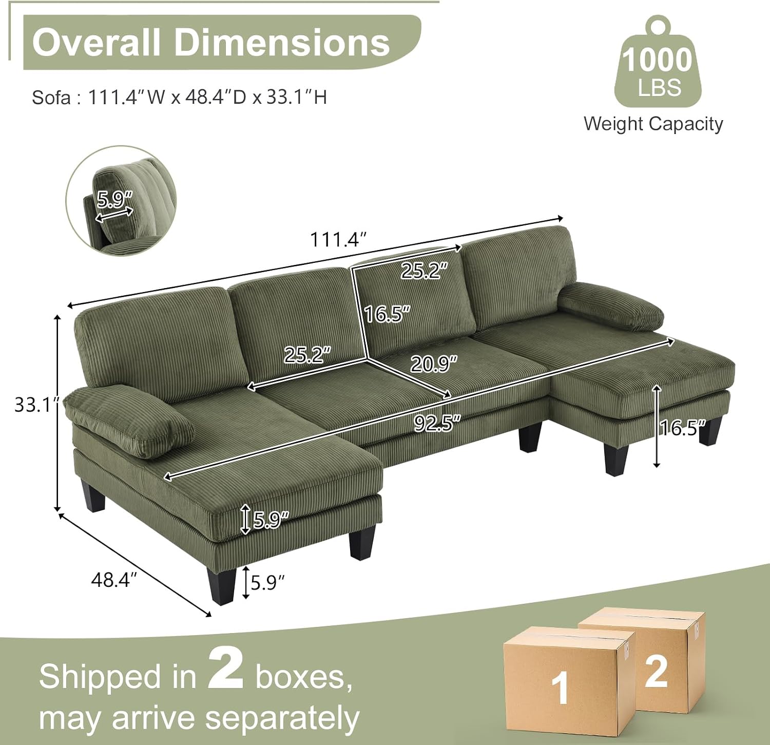 Karl home U-Shape Sectional Sofa Couch 111' Modern 4-Seat Sofa with Chaises Corduroy Fabric Upholstered Covertible Couch with Wood Grain Legs for Living Room, Reception Room, Apartment, Green