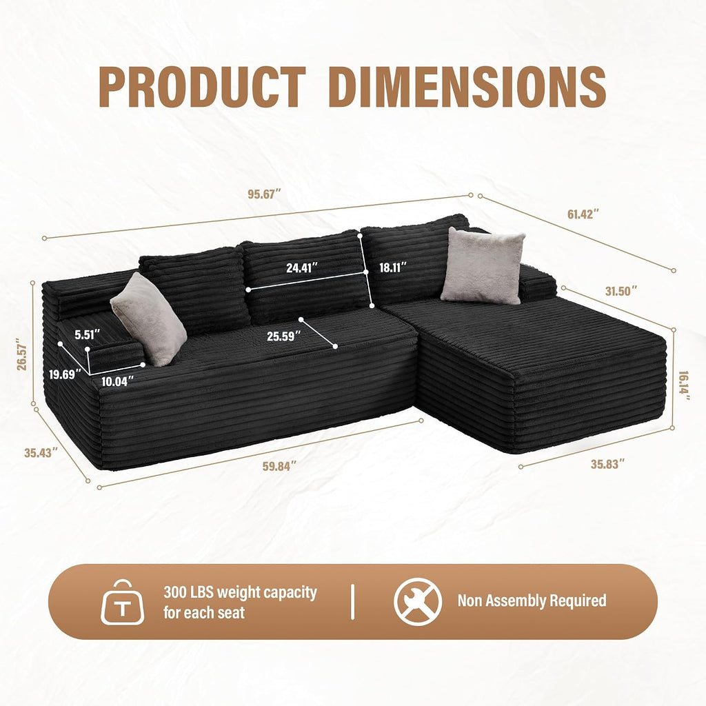 Hobestluk Modular Sectional Sofa Couches L-Shape Couch 3 Seat Modular Sofa Memory Foam Sectional Couches for Living Room, Cloud Couch with Oversized Chaise (96' Right Facing Chaise)