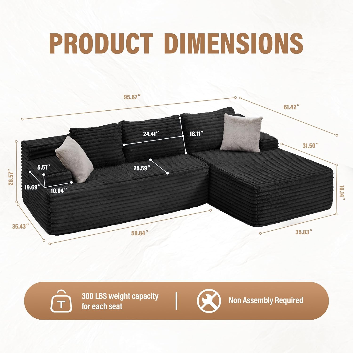 Hobestluk Modular Sectional Sofa Couches L-Shape Couch 3 Seat Modular Sofa Memory Foam Sectional Couches for Living Room, Cloud Couch with Oversized Chaise (96' Right Facing Chaise)