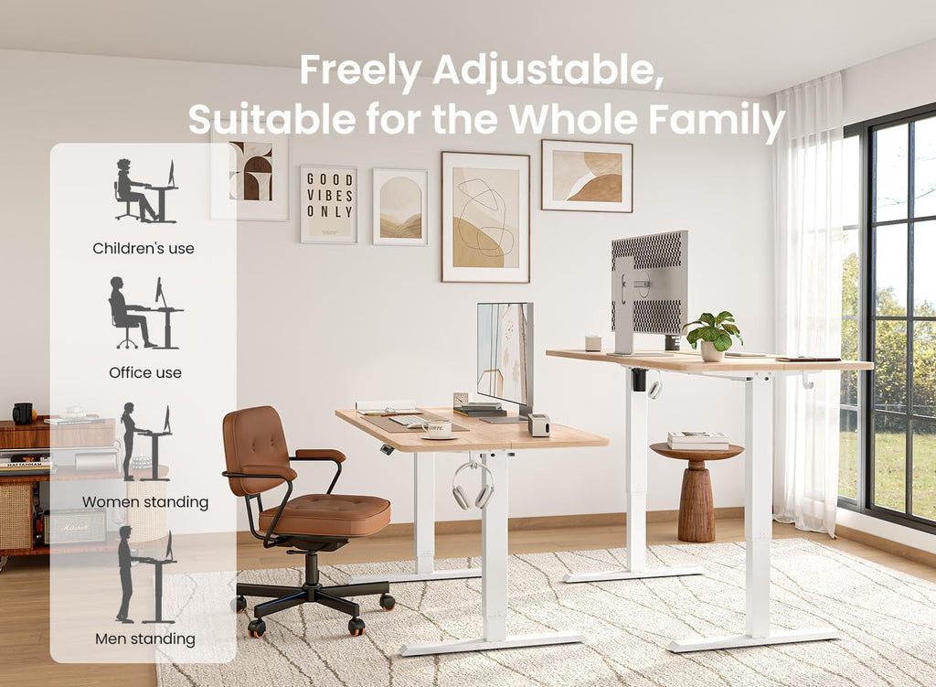 BANTI 55 × 28 Inches Standing Desk, Ergonomic, Electric Height Adjustable, Sit and Stand Up, Computer Office Desk with Splice Board, White Frame/Maple Top