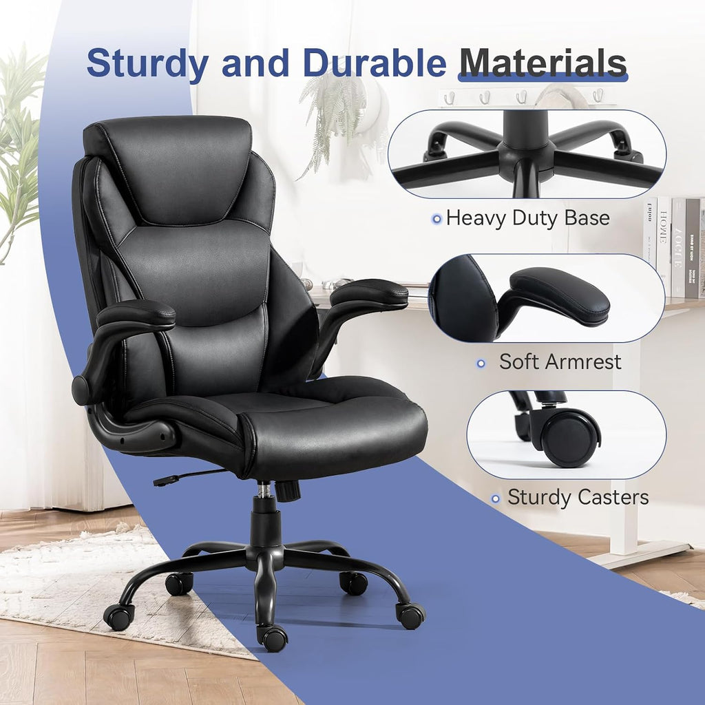 Brage Living 400LBS Big and Tall Office Chair, Heavy Duty Leather Executive Desk Chair with Padded Flip-up Arms, Swivel Rolling Computer Chair for Home Office, Black