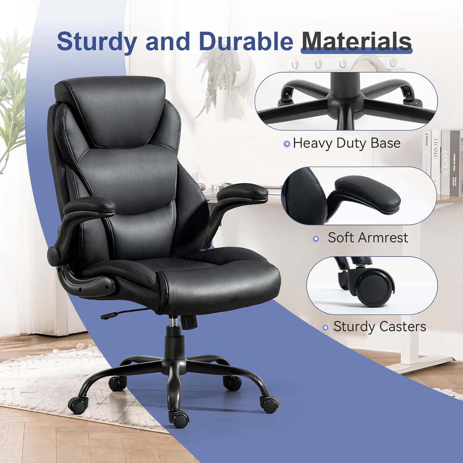 Brage Living 400LBS Big and Tall Office Chair, Heavy Duty Leather Executive Desk Chair with Padded Flip-up Arms, Swivel Rolling Computer Chair for Home Office, Black