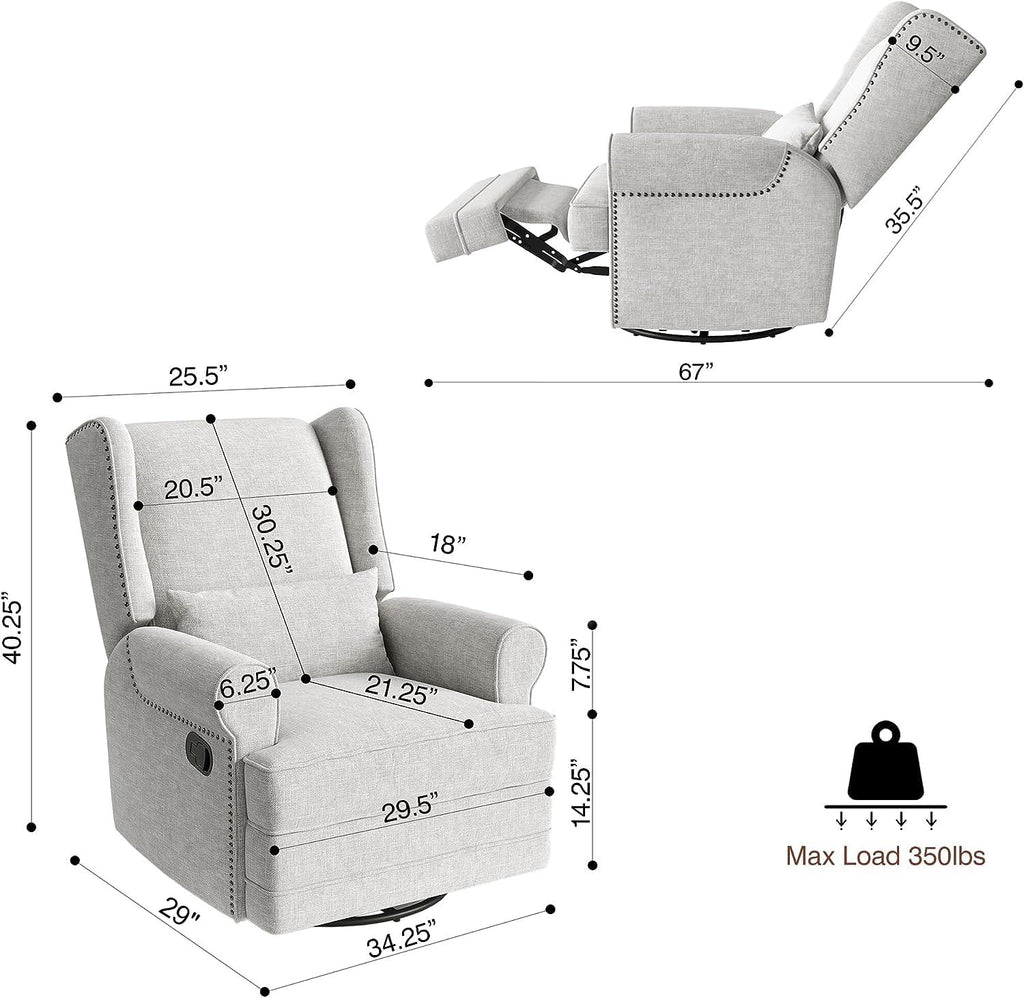 FansaFurn Swivel Nursery Glider Recliner, Comfy Upholstered Glider Chair with Lumbar Pillow and Footrest, Swivel Rocking Chair for Living Room, Grey