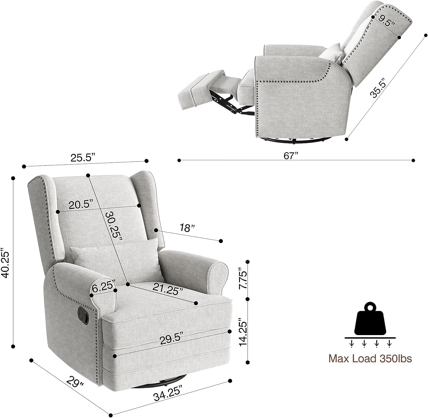 FansaFurn Swivel Nursery Glider Recliner, Comfy Upholstered Glider Chair with Lumbar Pillow and Footrest, Swivel Rocking Chair for Living Room, Grey
