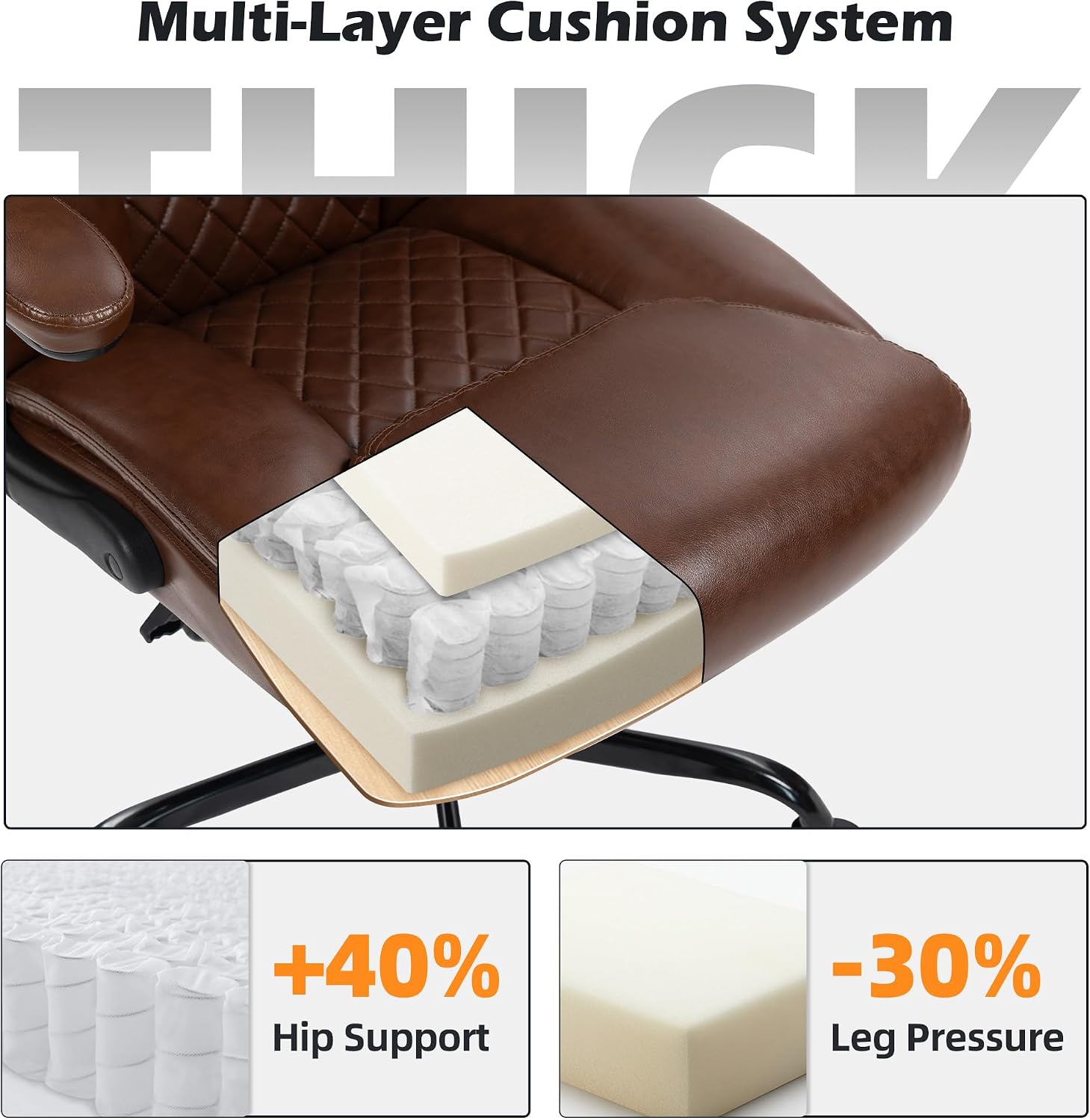 Office Chair - Ergonomic High Back Computer Desk Chair with Rocking Function & Lumbar Support - Executive Comfortable Wide Swivel Rolling Office Leather Chair with Flip-up Armrests for Home Gaming
