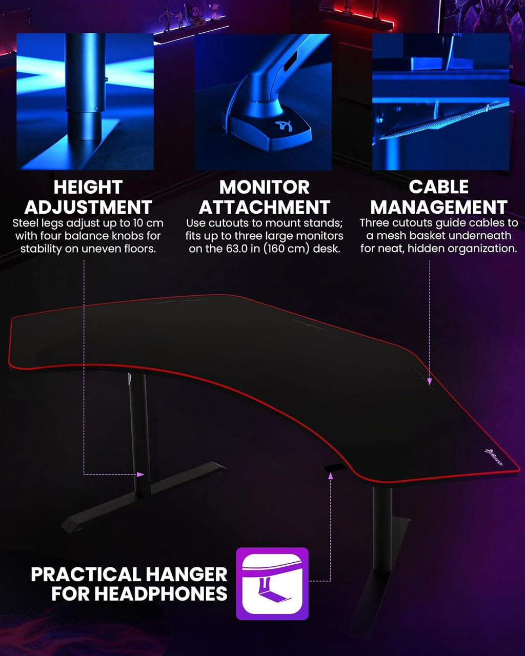 Arozzi Arena Angelo L Shaped GamingDesk, PC GamingDesk L Shape, Height Adjustable L Shaped Standing Desk for Home Office, with Full Coverage Mouse Pad (Black)