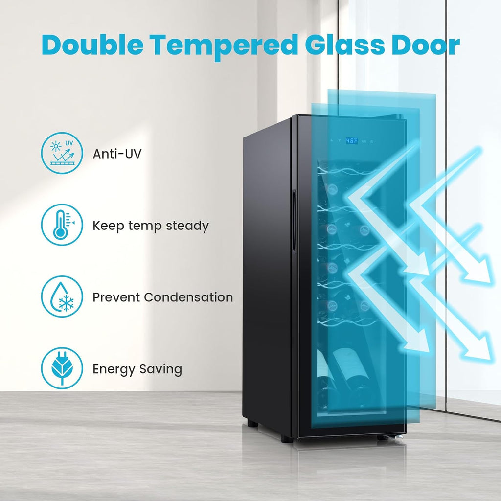 11 Inch Wine Fridge Under Counter, 12 Bottle Wine Refrigerator Cooler, Mini Wine Cellar Built in/Freestanding with Glass Door &Quiet Operation Compressor for Beer Soda Drink Bar