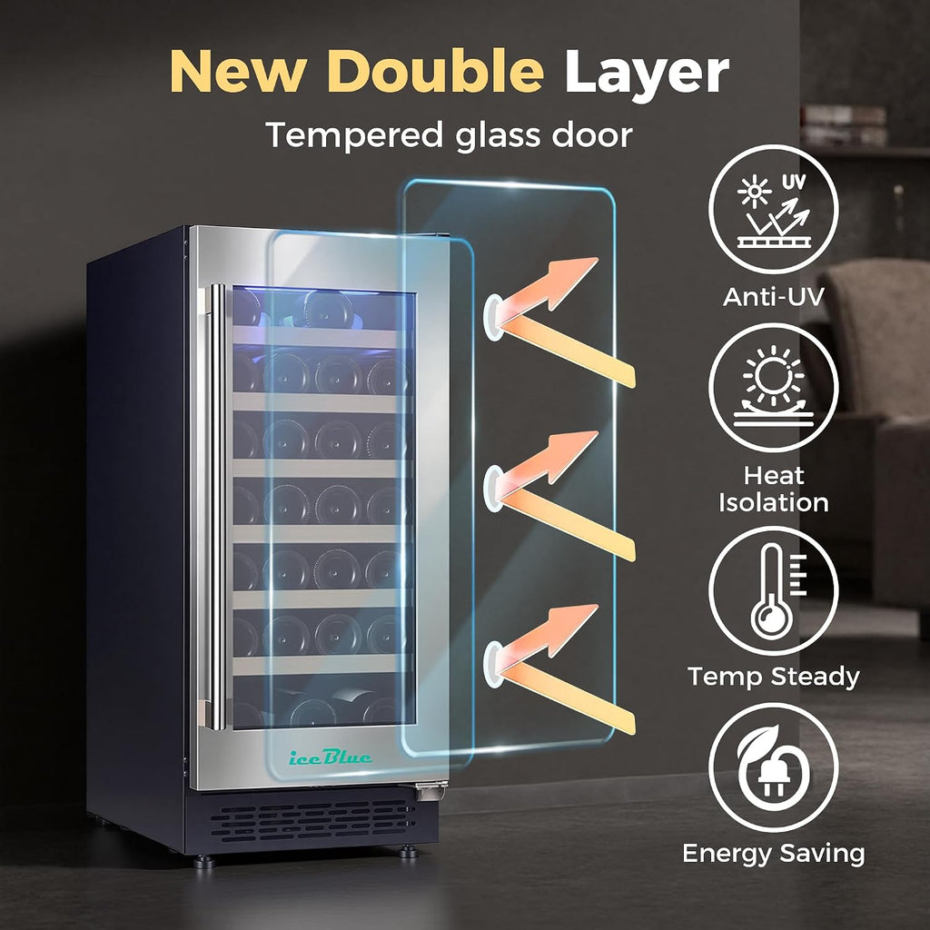 Iceblue Wine Fridge, 33 Bottles Wine Cooler Refrigerator, 41℉-72℉ Adjust Temperature Mini Fridge, Built-in Wine Refrigerator, Freestanding Beverage Refrigerator for Home, Office, Bar, Gift - Silver