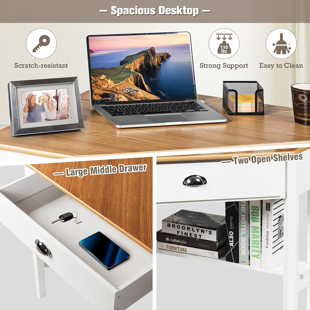 COSTWAY Corner Desk with Drawer for Small Space, Writing & Office Use, White Wooden Vanity Desk (Natural)