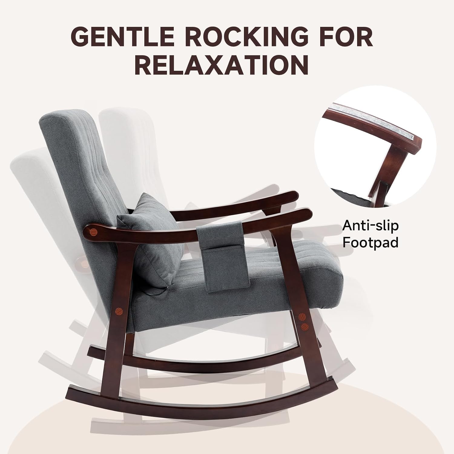 AVAWING Upholstered Rocking Chair Set of 2, Small Fabric Glider Rocker with 2-Point Massage Lumbar Pillow and Solid Wood Legs, for Bedroom and Living Room, Dark Grey