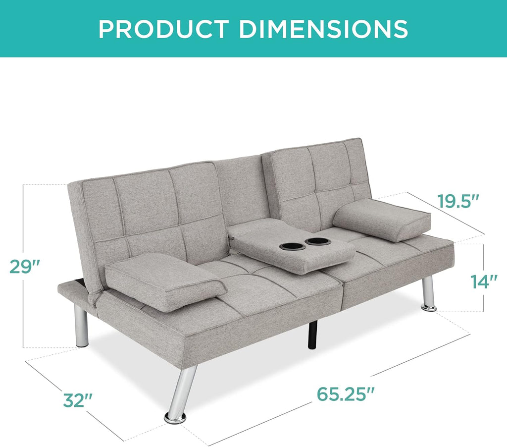 Best Choice Products Linen Modern Folding Futon, Reclining Sofa Bed for Apartment, Dorm w/Removable Armrests, 2 Cupholders - Light Gray