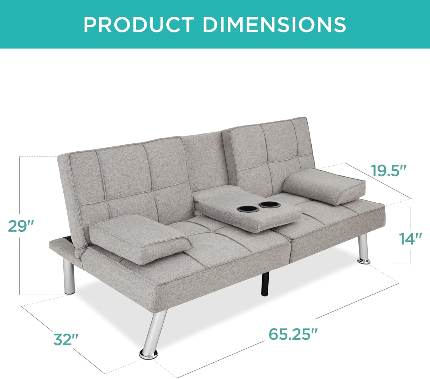 Best Choice Products Linen Modern Folding Futon, Reclining Sofa Bed for Apartment, Dorm w/Removable Armrests, 2 Cupholders - Light Gray