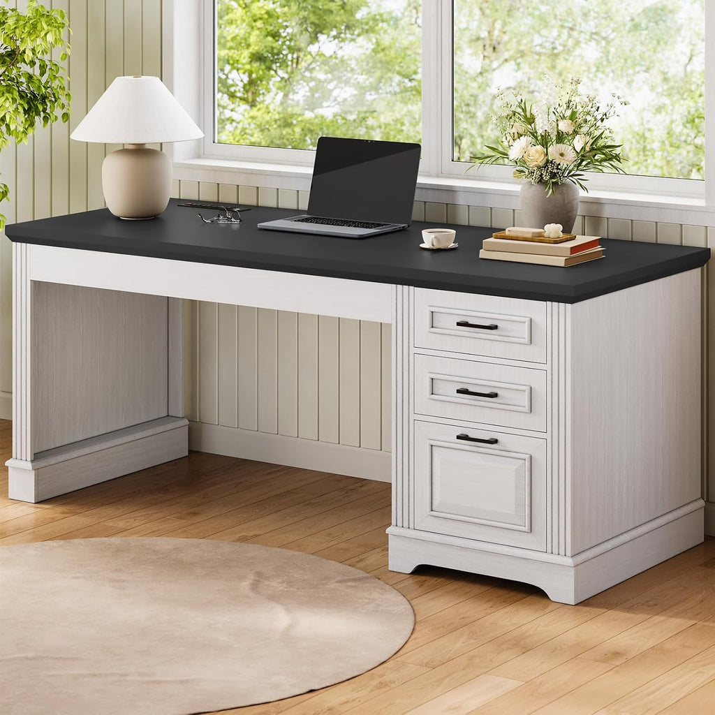 Itaar Farmhouse 55' Executive Desk, Computer Desk with Storage Drawers and Power Outlet, Home Office Desk, Workstation for Office Home, White