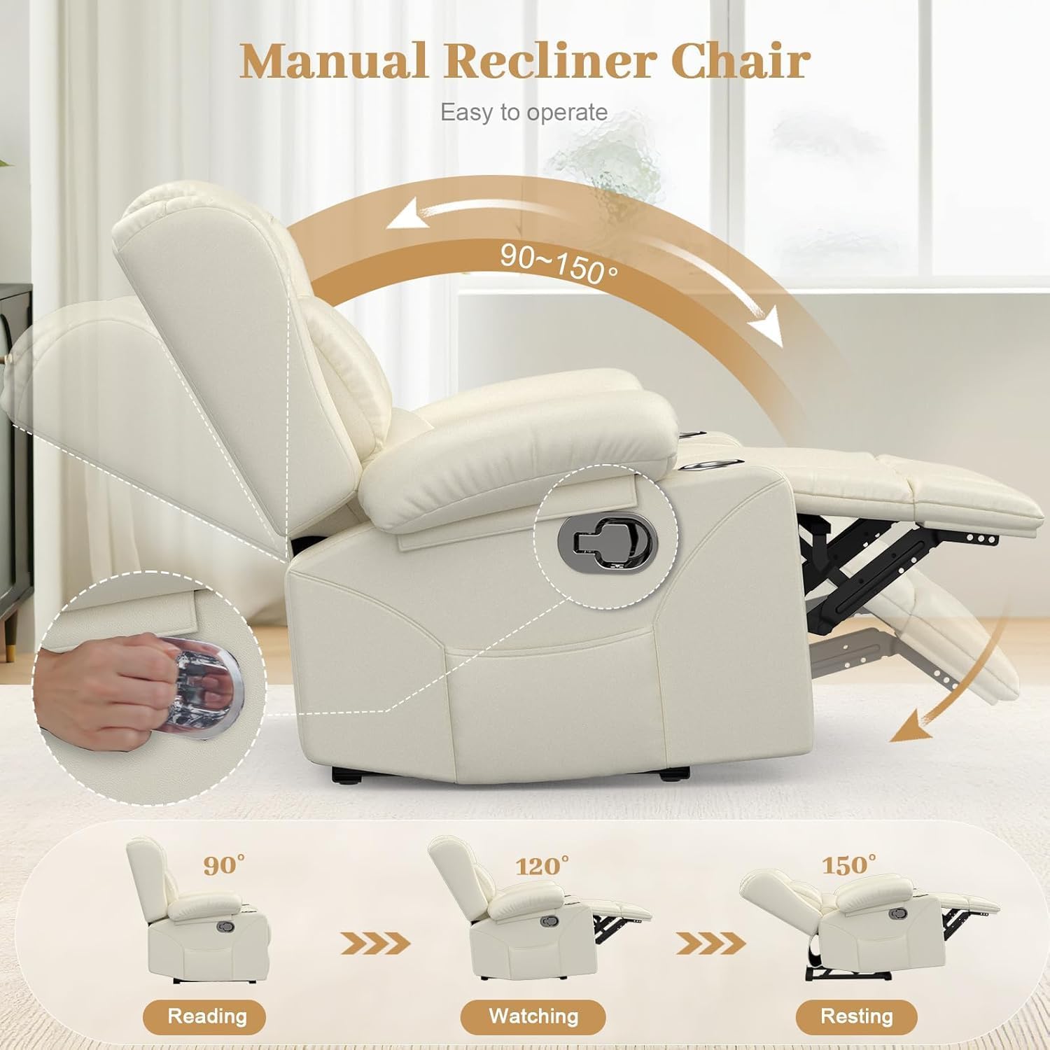 FURNIMAT Recliner Chair, Oversized Manual Reclining Chair for Adults, Single Reclining Sofa with Cup Holder & Pocket, Lounge Recliner for Living Room Home Theater Seating RV Chairs