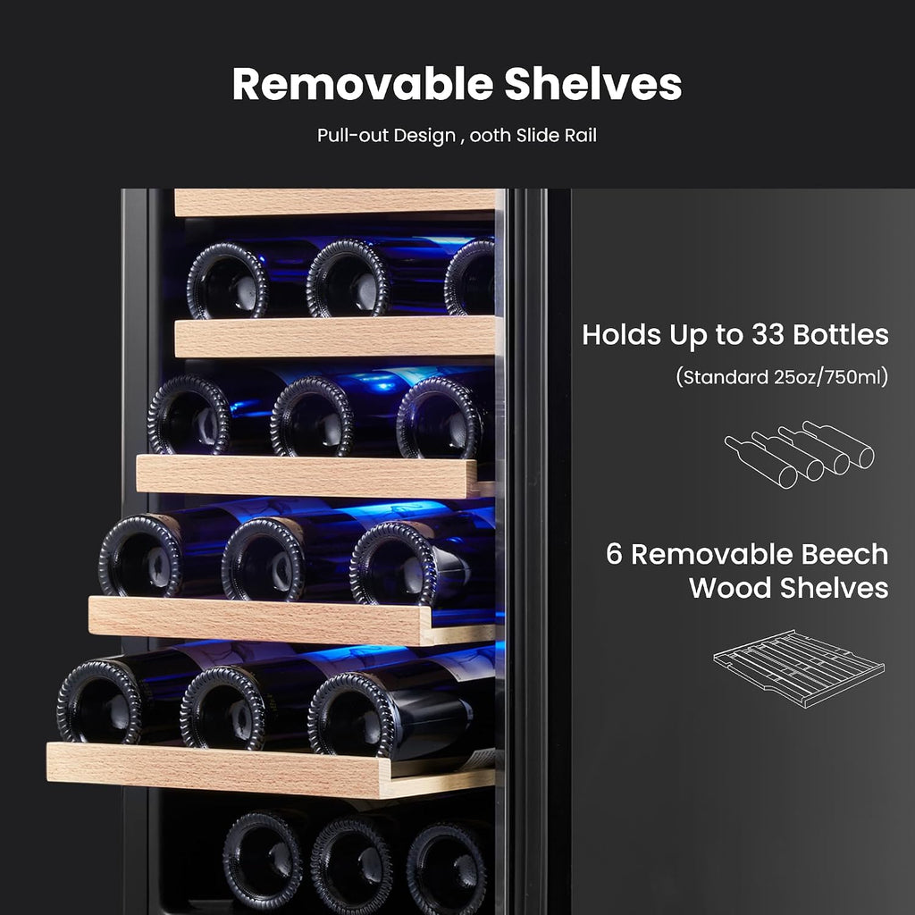 Yeego Wine Fridge Cooler - 15 Inch Wine Fridge Hold 33 Bottles, 40-65°F Wine Refrigerator Glass Door, Built in, Freestanding Under Counter Fridge for Beer Soda Drink Home Bar Office