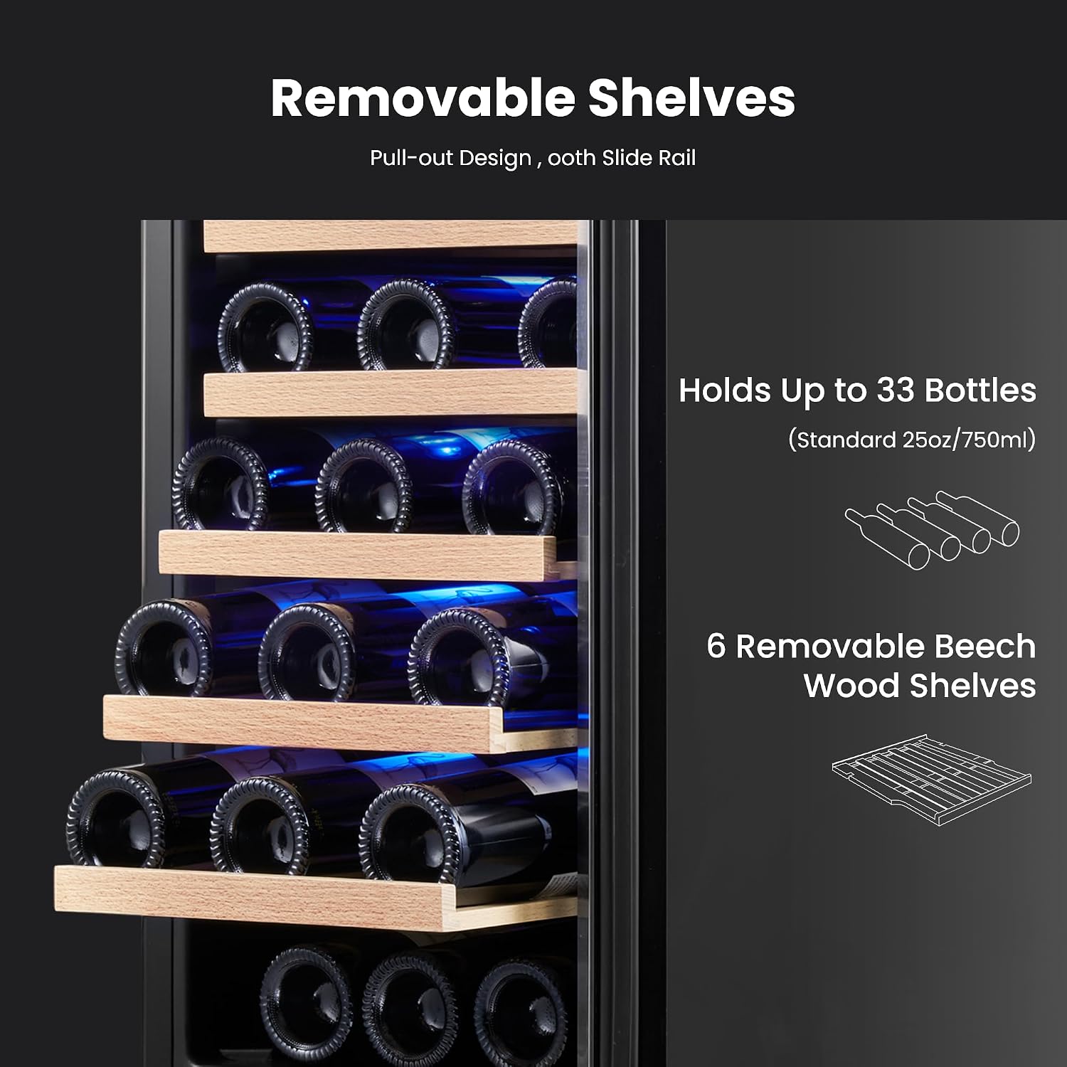 Yeego Wine Fridge Cooler - 15 Inch Wine Fridge Hold 33 Bottles, 40-65°F Wine Refrigerator Glass Door, Built in, Freestanding Under Counter Fridge for Beer Soda Drink Home Bar Office