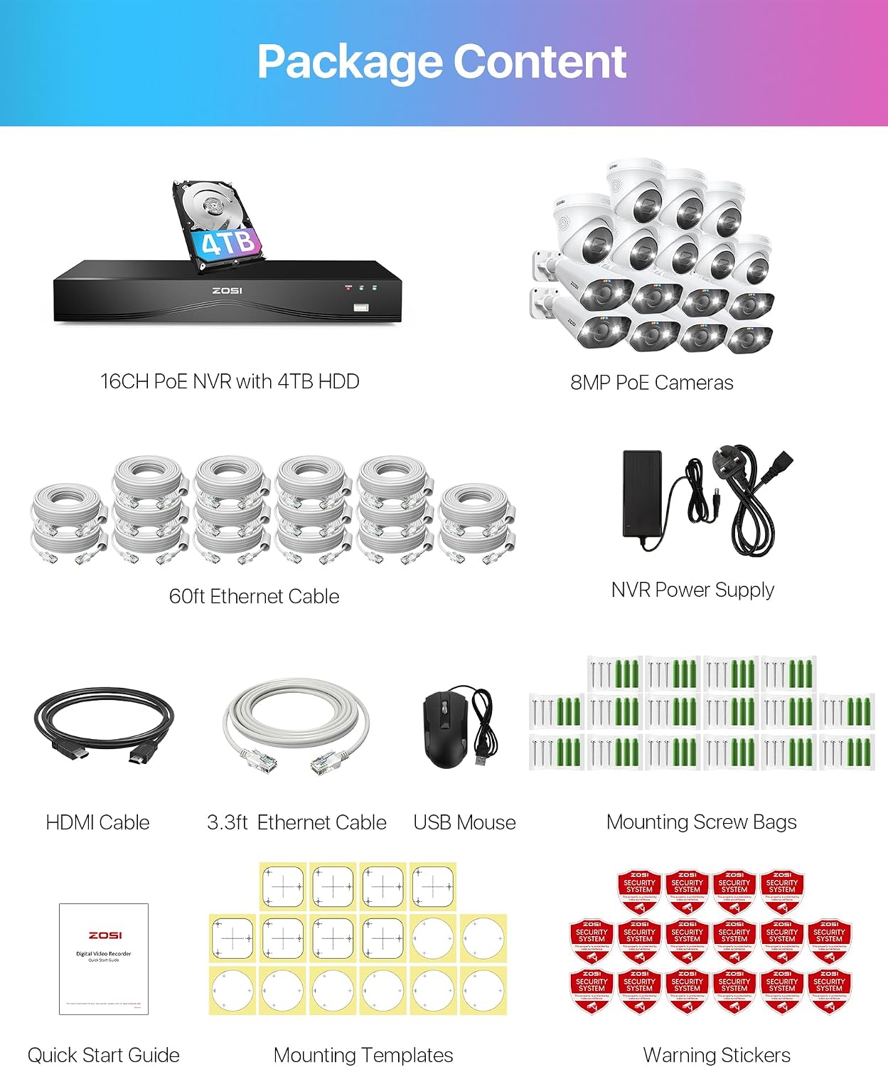 ZOSI 4K PoE Security Camera System,16 Port 24CH 8MP Dual Disk NVR with 4TB HDD,Face/Person/Vehicle Detection,Night Vision,2 Way Audio,16pcs 4K Outdoor Bullet Dome Cameras,for Business 24/7 Recording