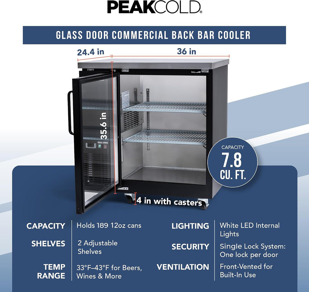 PEAKCOLD 1-Door Counter Height Beverage Refrigerator - 36' Wide Energy Efficient Black Beer Fridge With Glass Door & White LED Lighting - Commercial Back Bar Cooler