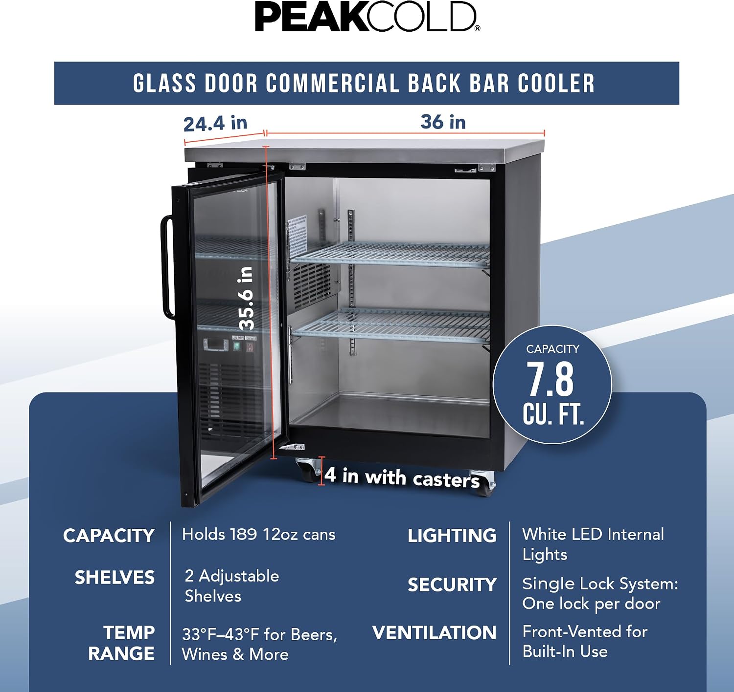 PEAKCOLD 1-Door Counter Height Beverage Refrigerator - 36' Wide Energy Efficient Black Beer Fridge With Glass Door & White LED Lighting - Commercial Back Bar Cooler