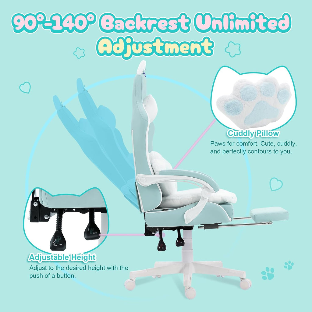 Dowinx Gaming Chair Cute with Cat Ears and Paw Lumbar, Ergonomic Computer Chair for Girl with Footrest and Headrest, Comfortable Reclining Game Chair 291lbs for Adult, Teen, Blue Green