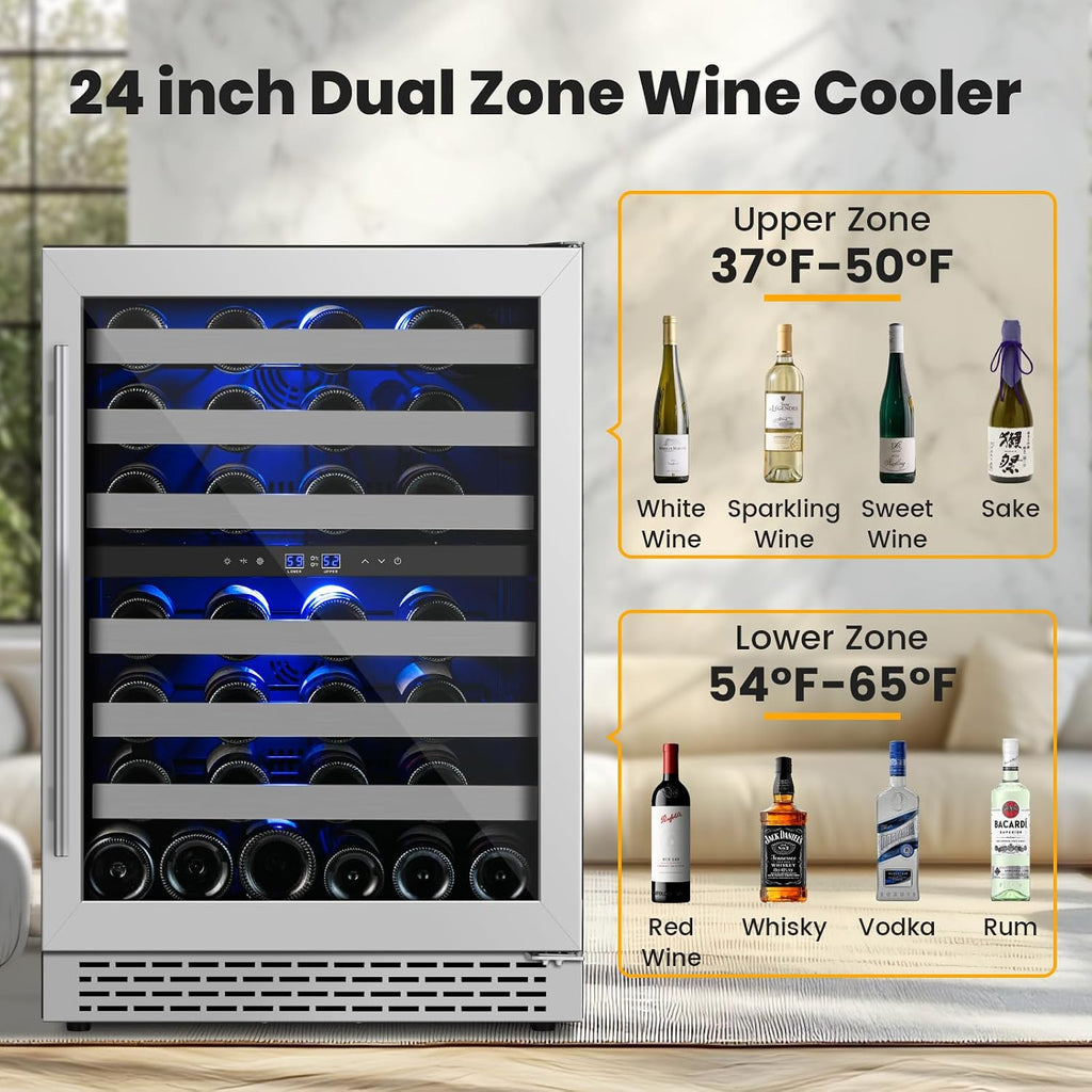 24 Inch Wine Cooler & Fridge Under Counter,54 Bottle Dual Zone Wine Cooler,New Upgrade Compressor,Blue Light Built-in/Freestanding,Reversible Stainless Steel Door Wine Fridge for Home/Kitchen
