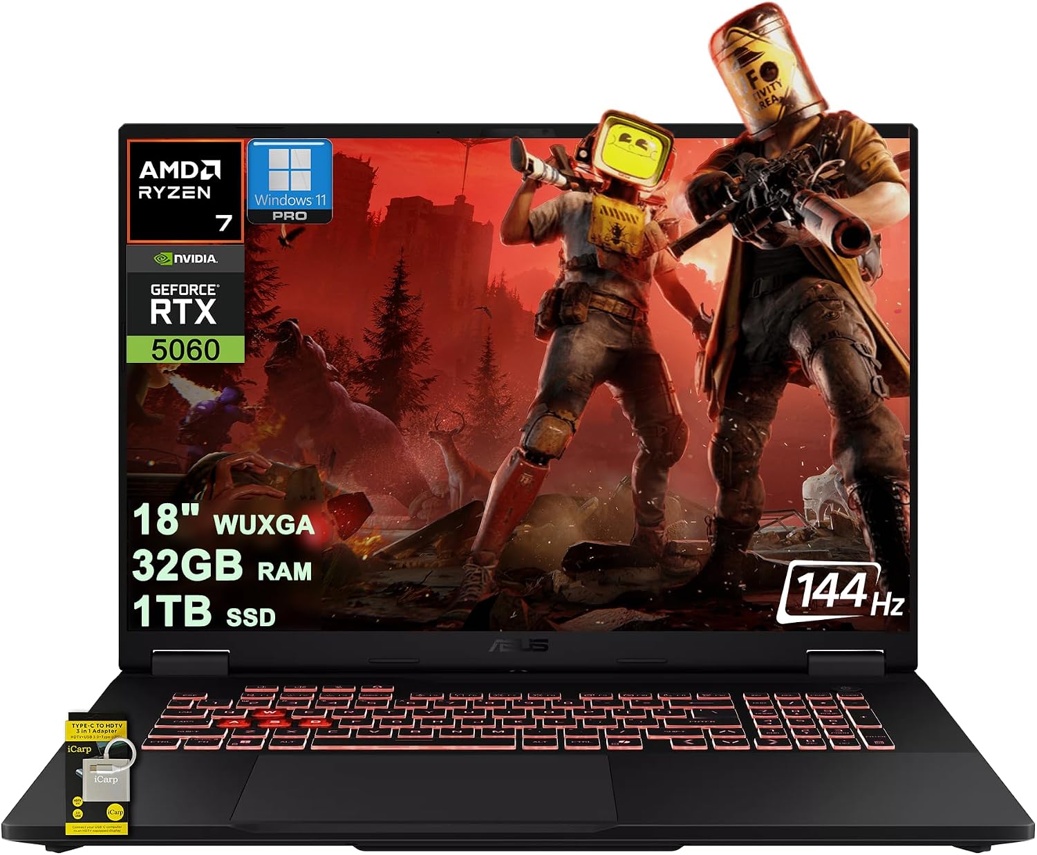 ASUS TUF Gaming A18 AI Laptop 18' WUXGA IPS 144Hz (100% sRGB, GSYNC) AMD 8-core Ryzen 7 260 32GB RAM 1TB SSD GeForce RTX 5060 GDDR7 DLSS4 (Up to 572 AI Tops) RGB Backlit USB4 Win11Pro ICP Hub
