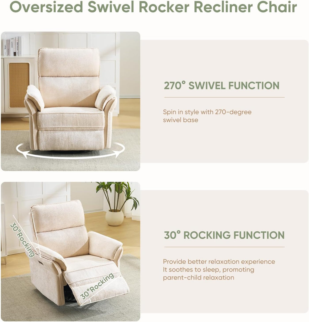 Oversized Power Recliner Chair Swivel Glider with Massage and Heat, Rocker Nursery Recliner for Adults with Adjustable Headrest, 26' Extra Wide Nursery Chair with Overstuffed Armrest,Beige