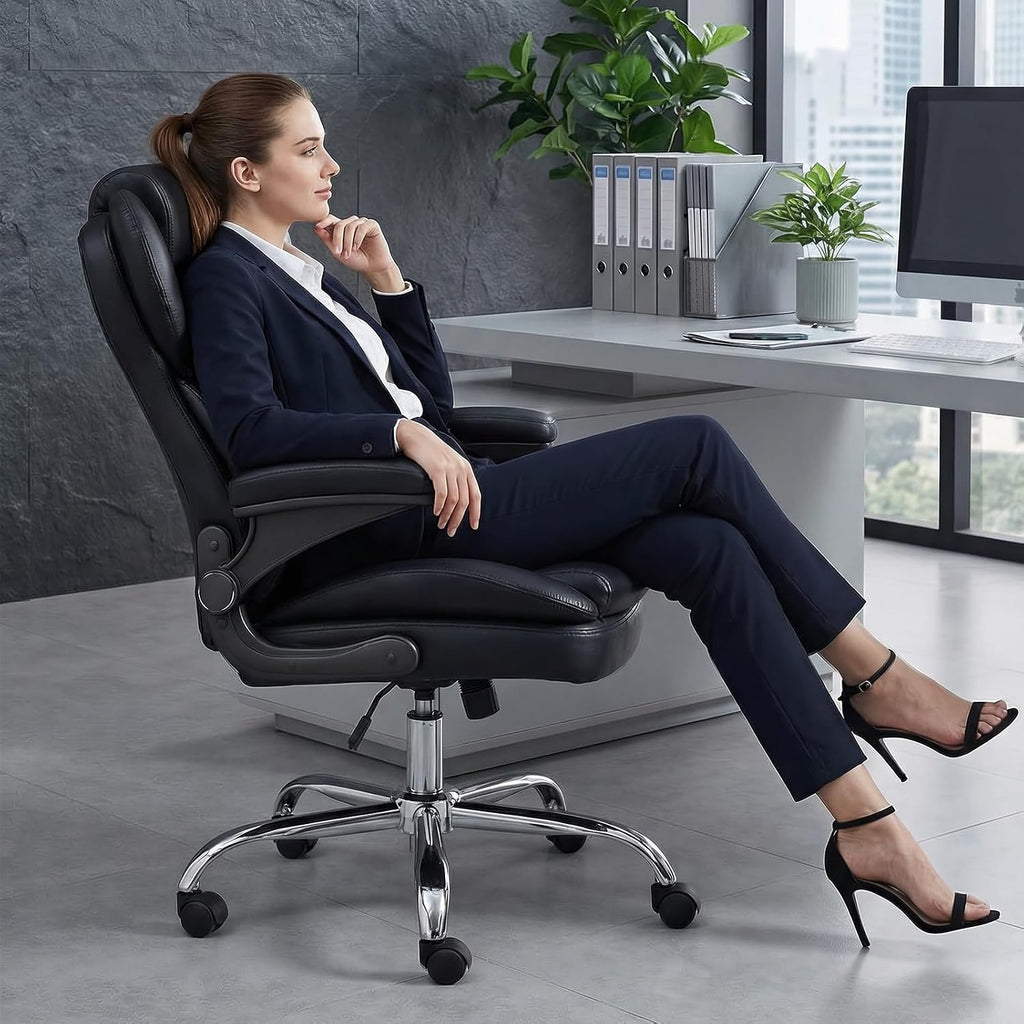 Office Desk Chair, Executive Leather Office Chair, High Back Ergonomic Home Desk Chair with Padded Flip-up Arms, Big and Tall Computer Chair with Rocking Function, 360°Swivel Free, Black