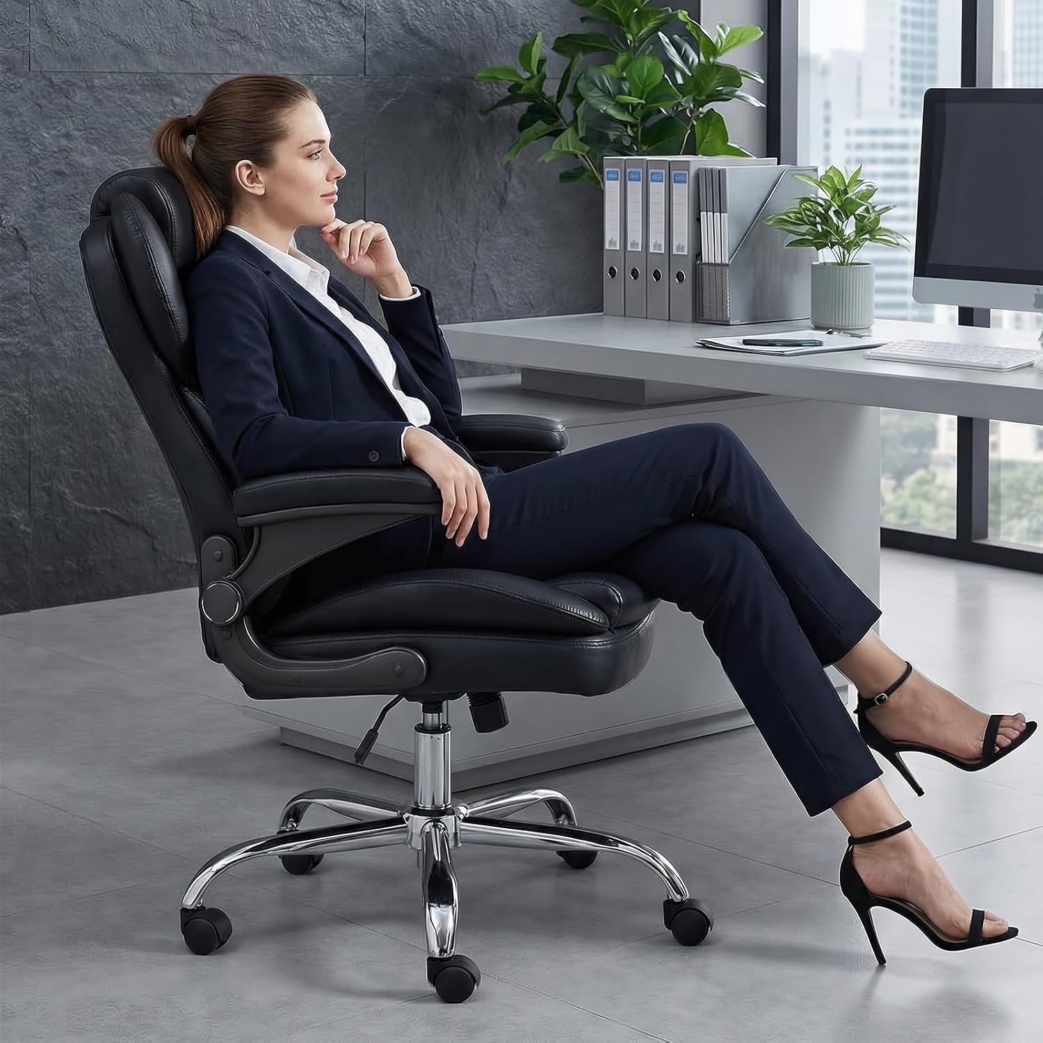 Office Desk Chair, Executive Leather Office Chair, High Back Ergonomic Home Desk Chair with Padded Flip-up Arms, Big and Tall Computer Chair with Rocking Function, 360°Swivel Free, Black