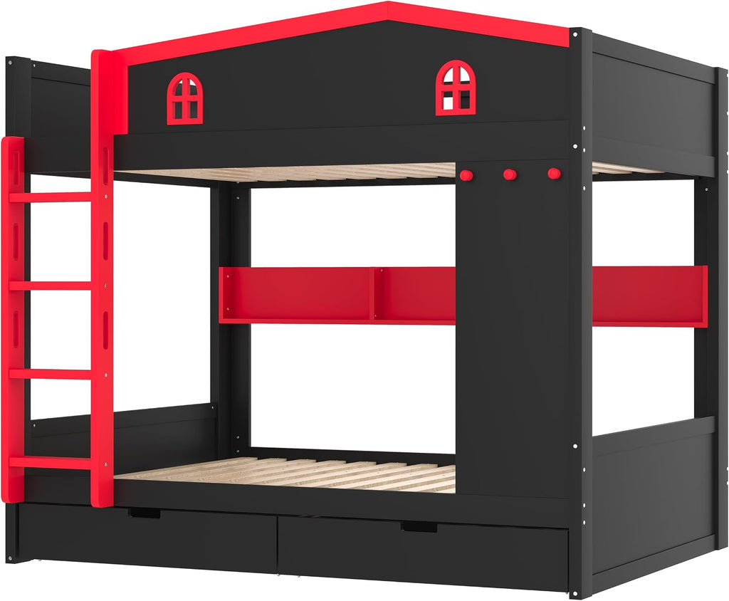 Queen Over Queen Bunk Bed with Storage Drawers, Hooks and Storage Shelves, Solid Wood Bunk Beds for Kids Teens, Bedroom Space-Saving Furniture (Black+Red/D)
