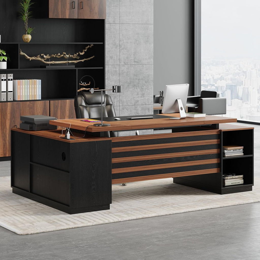Epecoya Executive L-Shaped Desk with Storage Cabinet, 78-Inch Large Home Office Desks with Power Outlet and Lateral File Cabinet, Modern Computer Desk with Drawers and Open Shelf, Brown Black