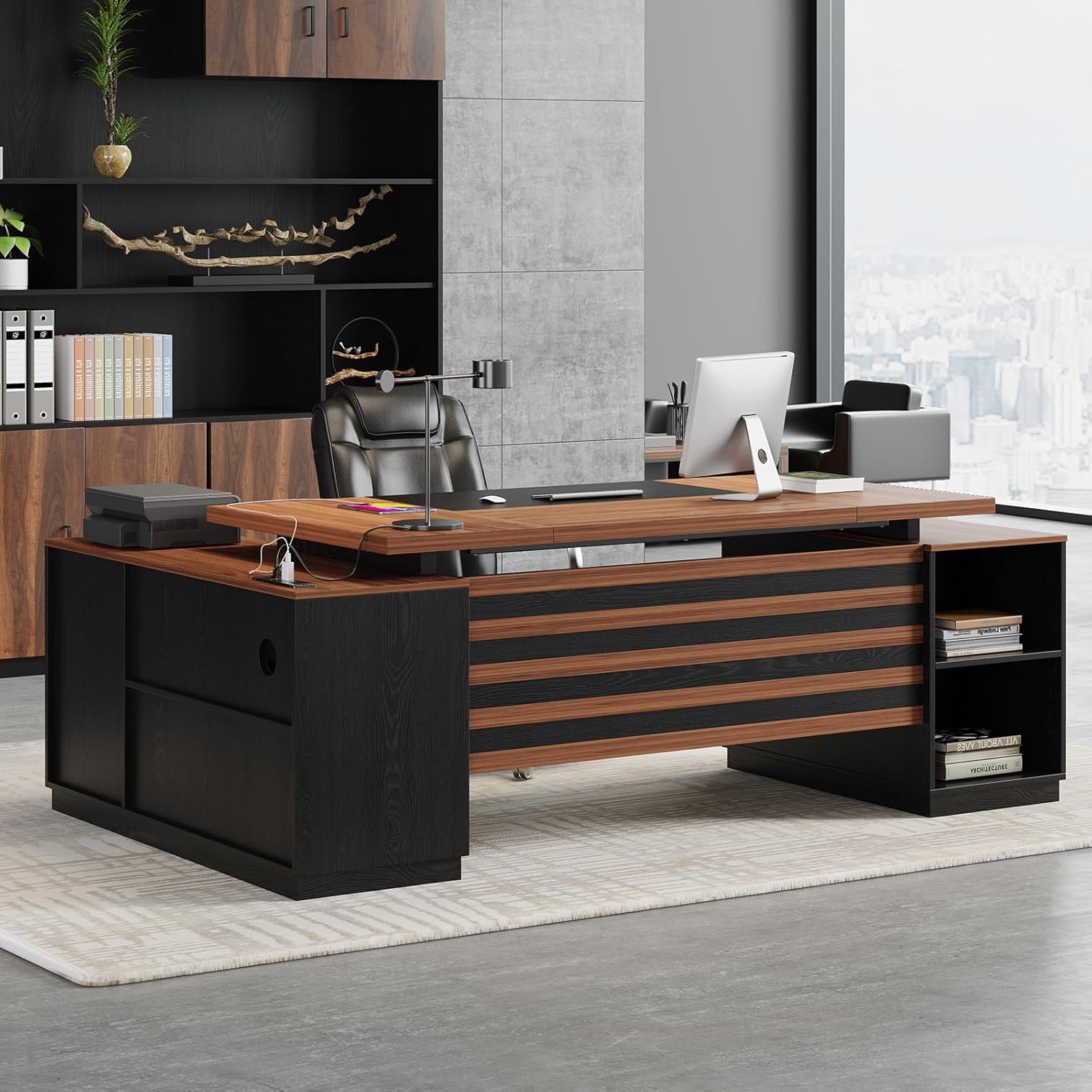 Epecoya Executive L-Shaped Desk with Storage Cabinet, 78-Inch Large Home Office Desks with Power Outlet and Lateral File Cabinet, Modern Computer Desk with Drawers and Open Shelf, Brown Black