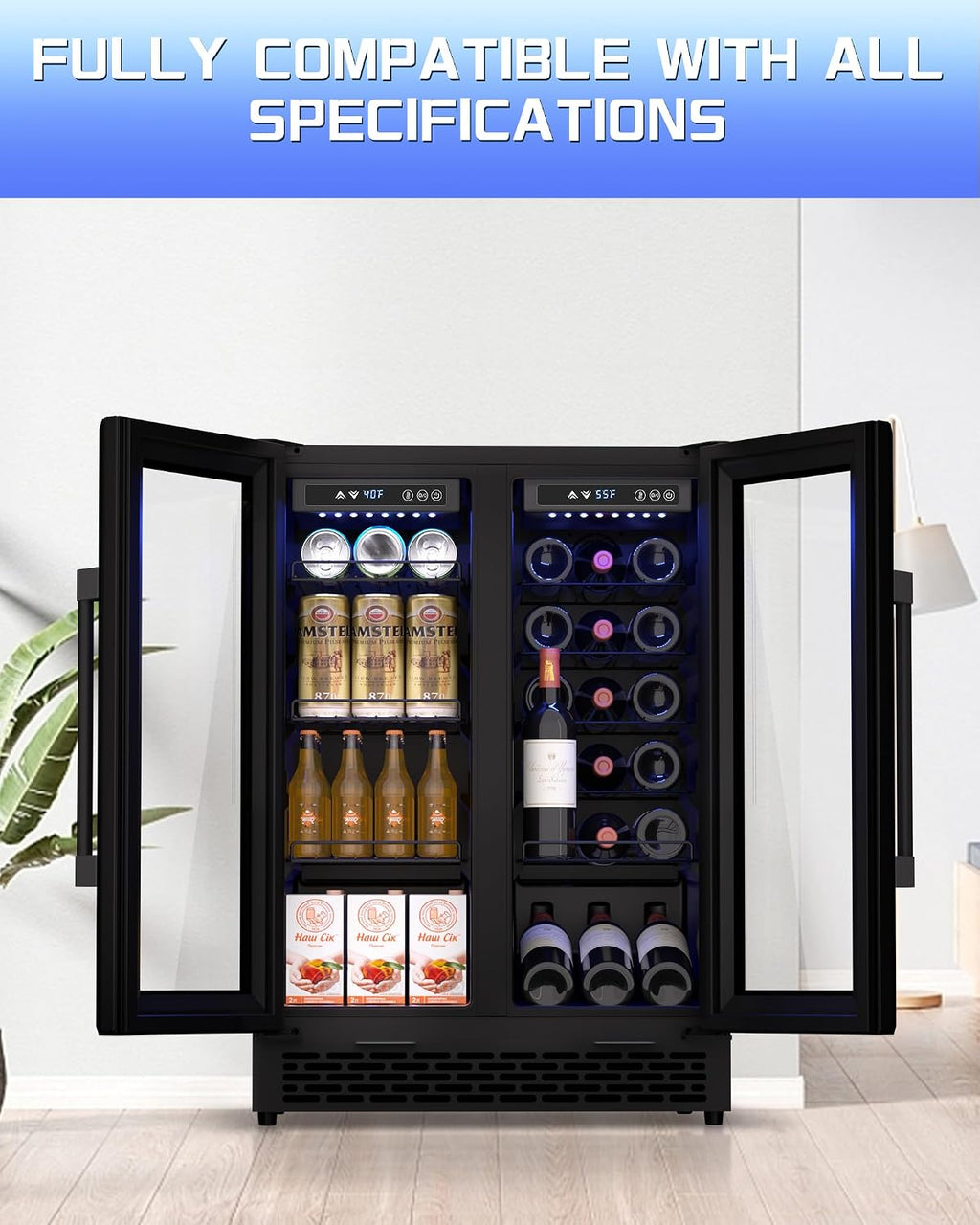 Under Counter Beverage Refrigerator – 160 Can & 20 Bottle Capacity, Dual Zone Built-In Beverage Cooler with Glass Door and Quiet Advanced Cooling System, Ideal for Beer, Wine, Soda