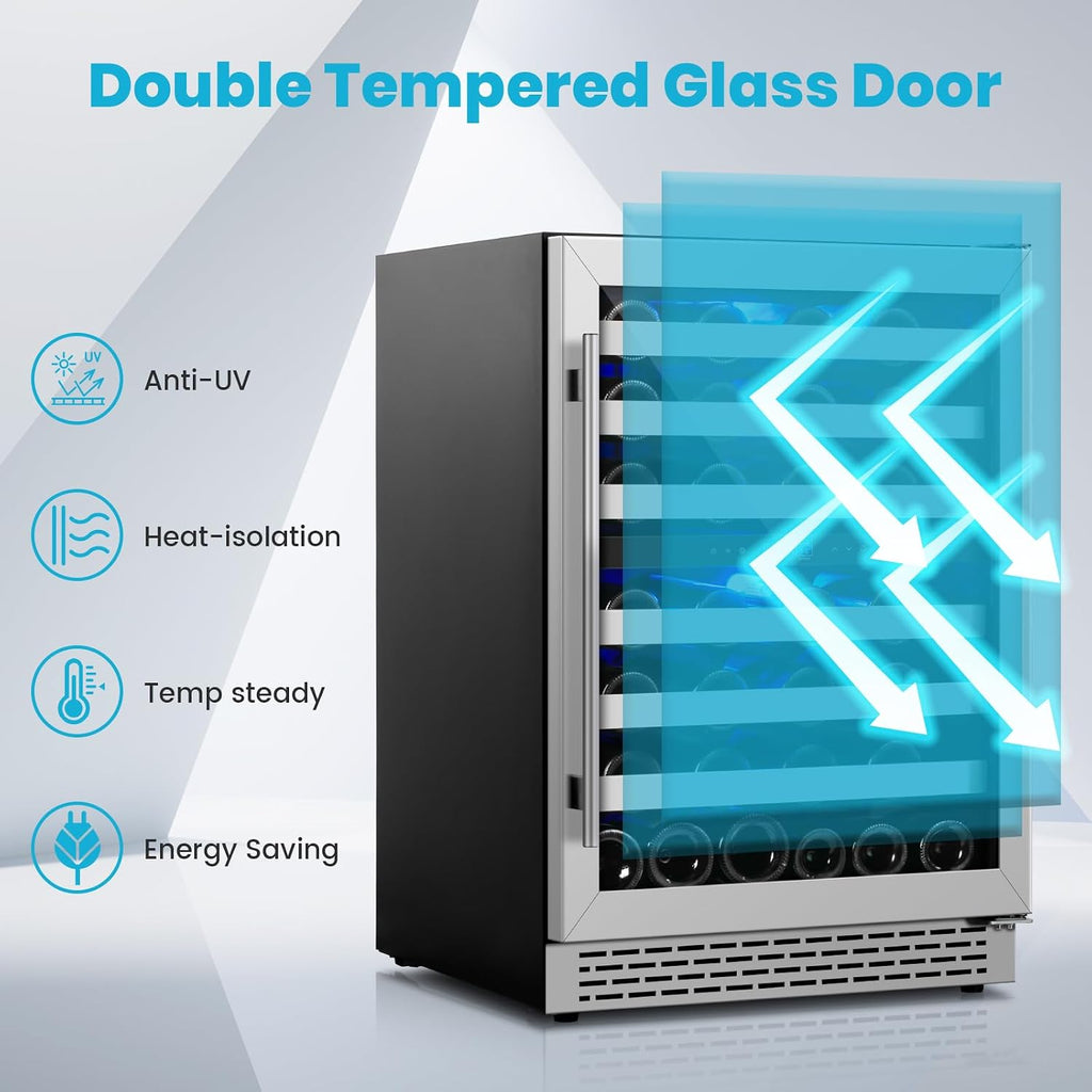 24 Inch Wine Cooler Refrigerator, 46 Bottle Dual Zone Wine Fridge Cooler Under Counter with Upgrade Compressor Tempered Glass Door, 40-65°F, Built-in/Freestanding for Kitchen Bar Office