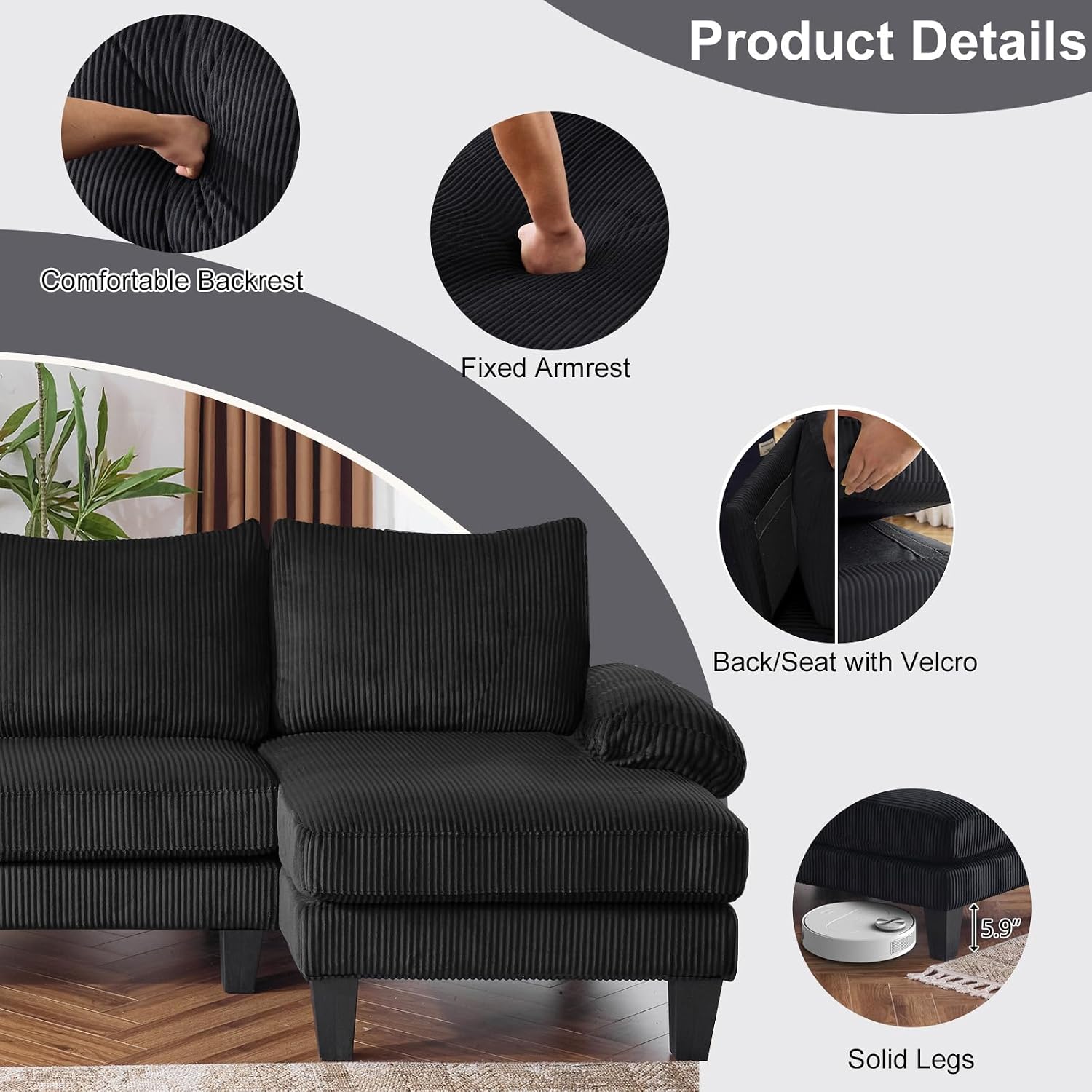 Karl home 111' Sectional Sofa U-Shaped 4-Seat Couch with Chaises Wood Grian Legs Corduroy Fabric Upholstered for Living Room, Apartment, Office, Black