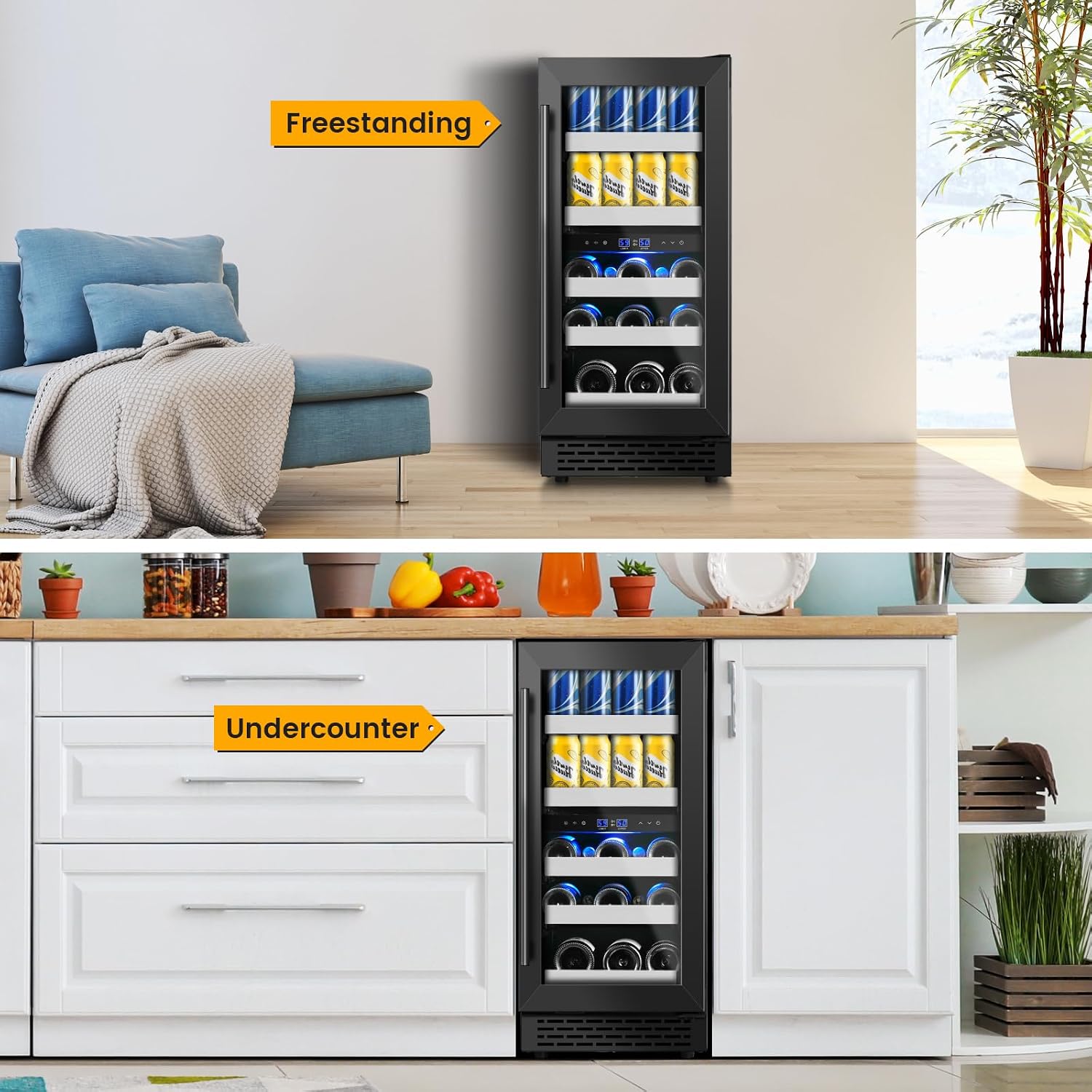 15 Inch Beverage Refrigerator,13 Bottle & 48 Cans Under Counter Black Beverage Fridge with Low-Noise Compressor,Wine Cooler with Dual Independent Temperature Zones for Kitchen Home