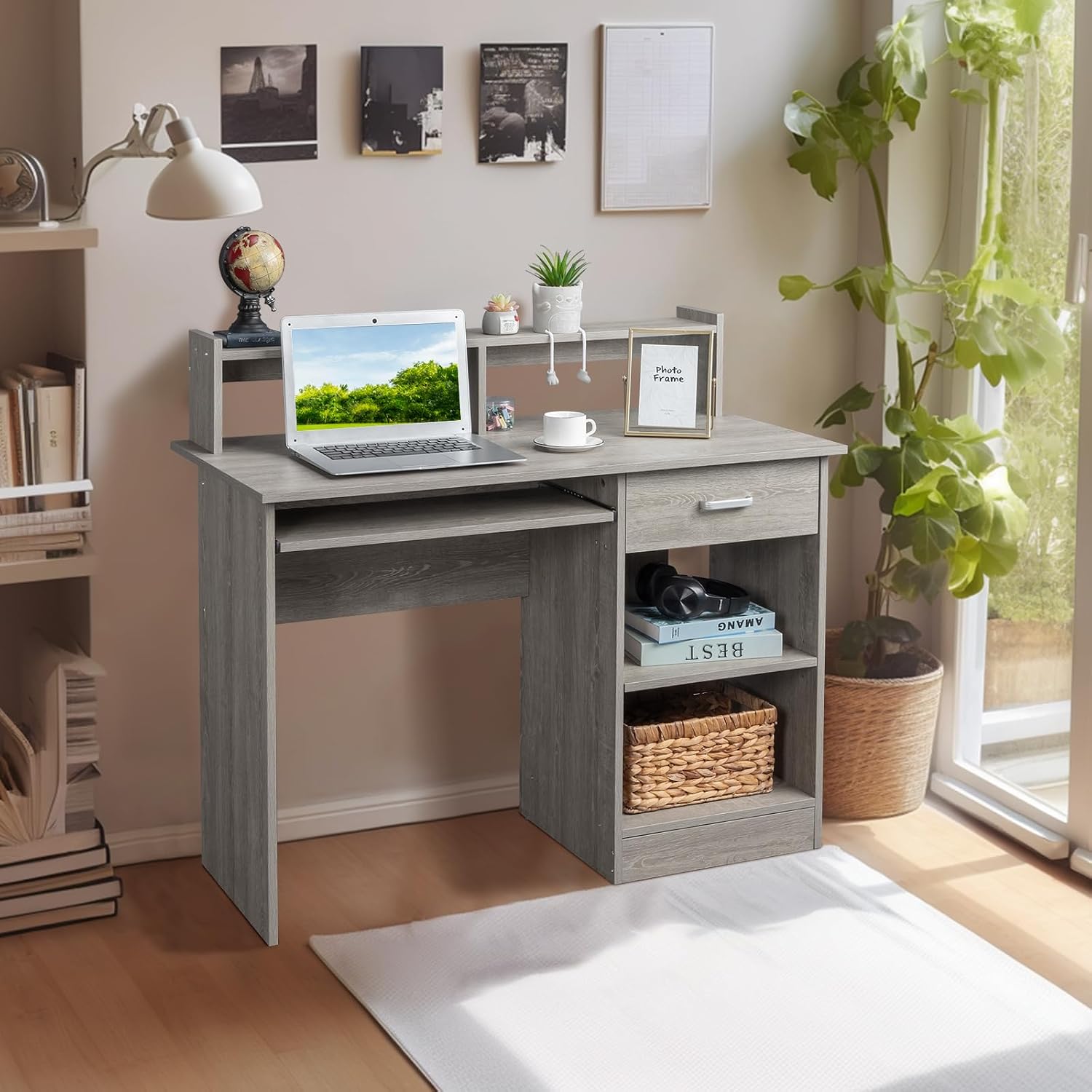 Karl home Computer Desk Study Writing Desk, Wooden Home Office Workstation PC Laptop Table with Drawer Shelf Keyboard Tray, Grey