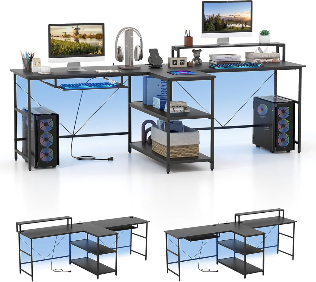 Giantex 94.5' 2 Person Desk with LED Lights, Long PC Study Desk with Storage Shelves, Power Outlets, Keyboard Tray & Monitor Stand, Double Computer Desk Workstation for Home Office (Black)