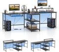 Giantex 94.5' 2 Person Desk with LED Lights, Long PC Study Desk with Storage Shelves, Power Outlets, Keyboard Tray & Monitor Stand, Double Computer Desk Workstation for Home Office (Black)