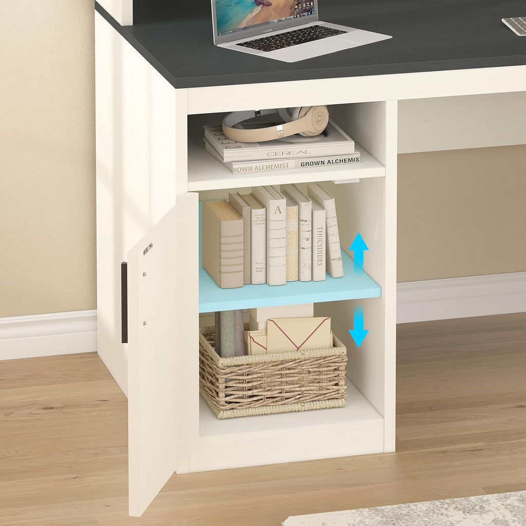 YOMILUVE 65 Inch Computer Desk with 3 Drawers & Storage Shelves, Executive Desk with File Drawer & Cabinet, Home Office Desk with Long Monitor Stand & Printer Shelf, Black & White