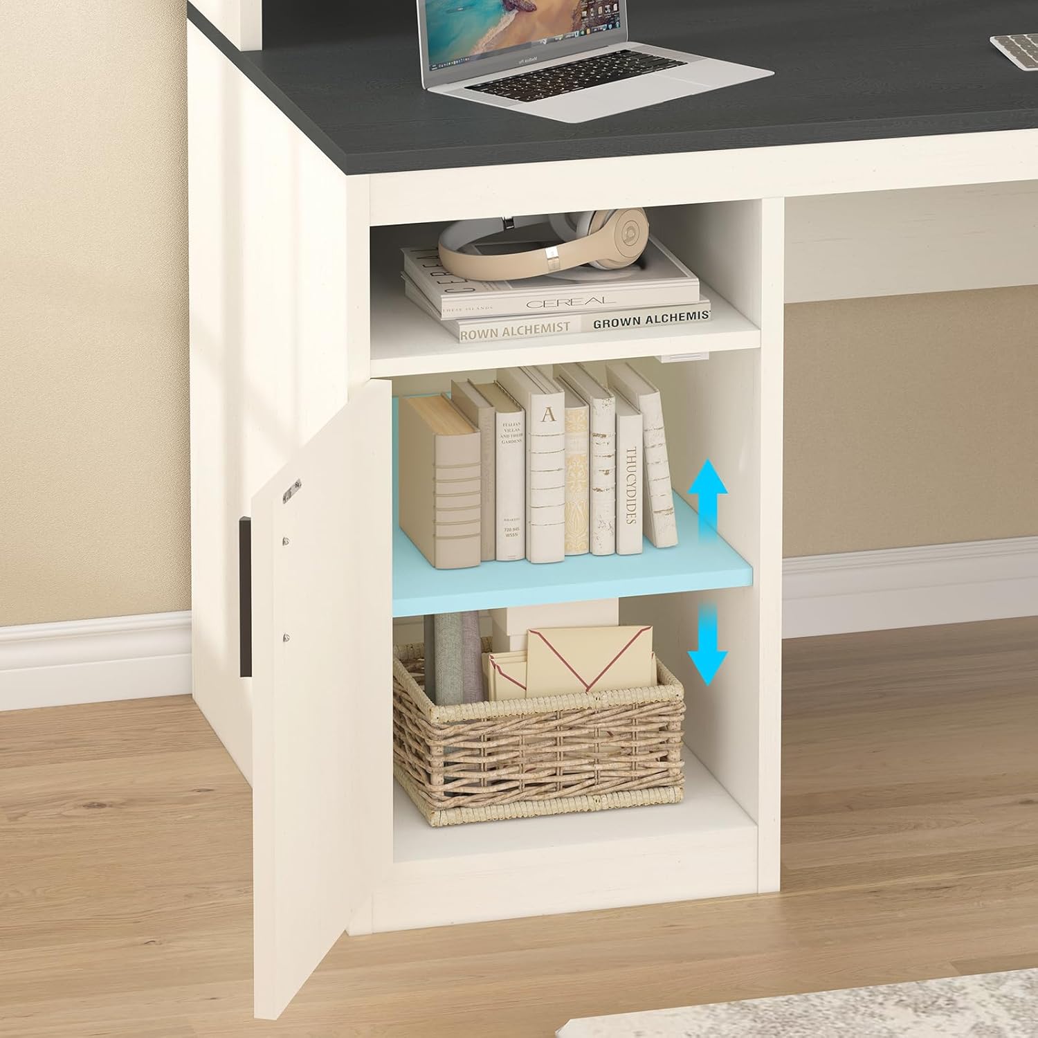 YOMILUVE 65 Inch Computer Desk with 3 Drawers & Storage Shelves, Executive Desk with File Drawer & Cabinet, Home Office Desk with Long Monitor Stand & Printer Shelf, Black & White