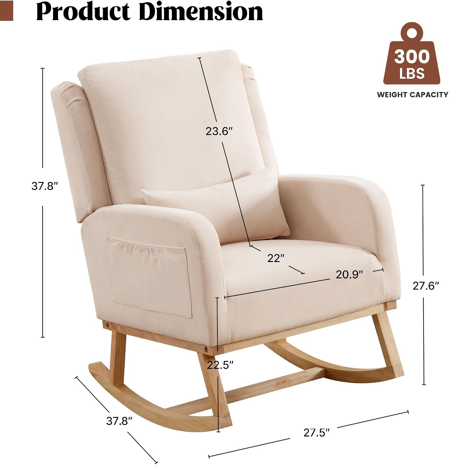 HCHAIRH Rocking Chair Nursery, Nursing Rocking Chairs with Lumbar Pillow, Comfy Modern Nursery Glider Rocker Morden Accent Rocking Chair for Mom Nursery, Living Room, Bedroom, Beige