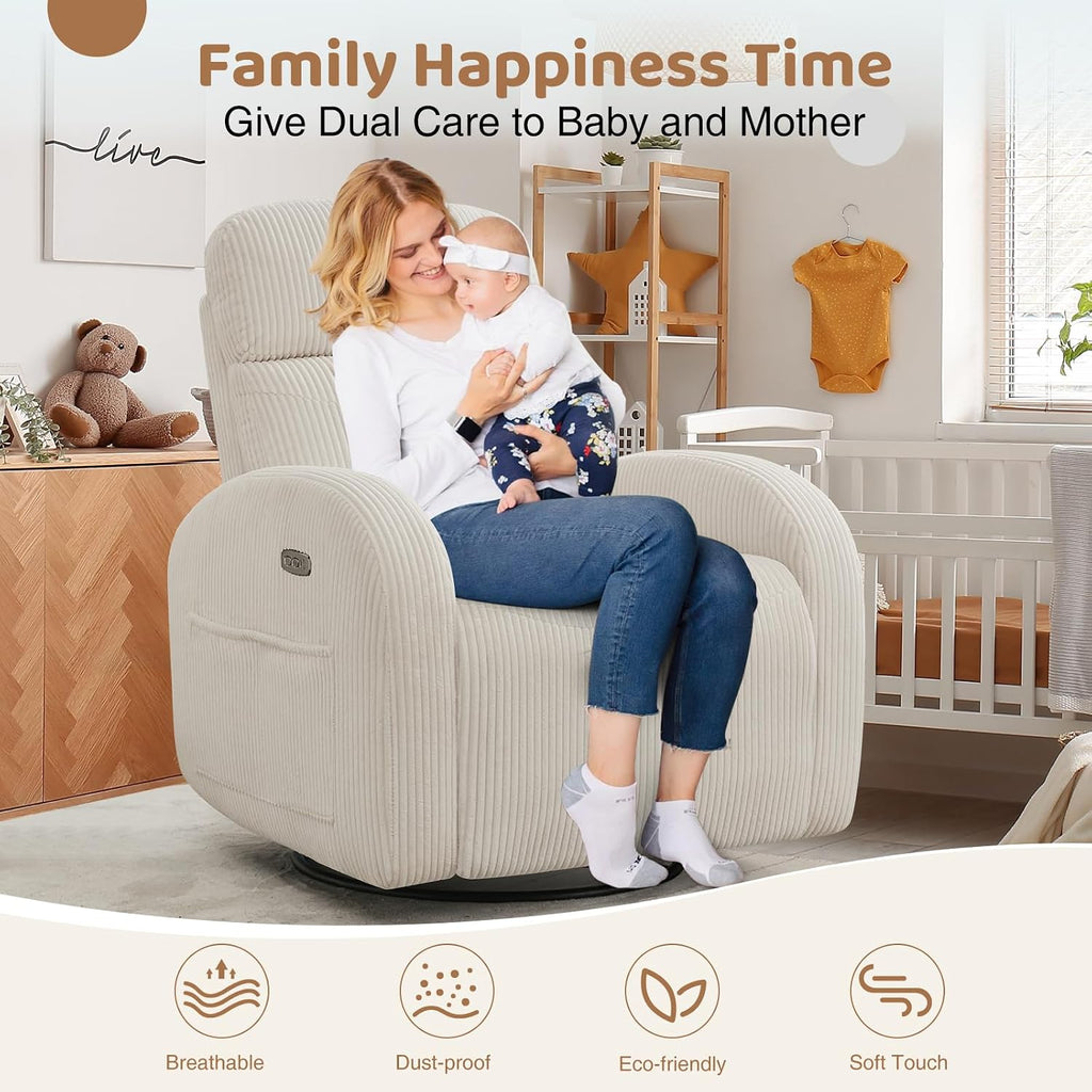 Power Nursery Glider Recliner, Swivel Glider Recliner with USB & Type-C Port, Swivel Reclining Nursery Rocker with Double Pockets for Living Room, White,Corduroy