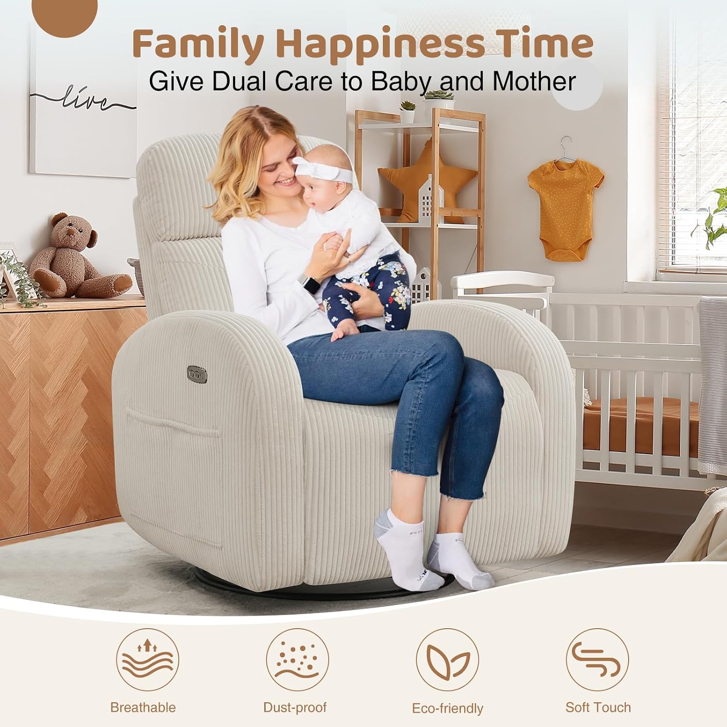 Power Nursery Glider Recliner, Swivel Glider Recliner with USB & Type-C Port, Swivel Reclining Nursery Rocker with Double Pockets for Living Room, White,Corduroy