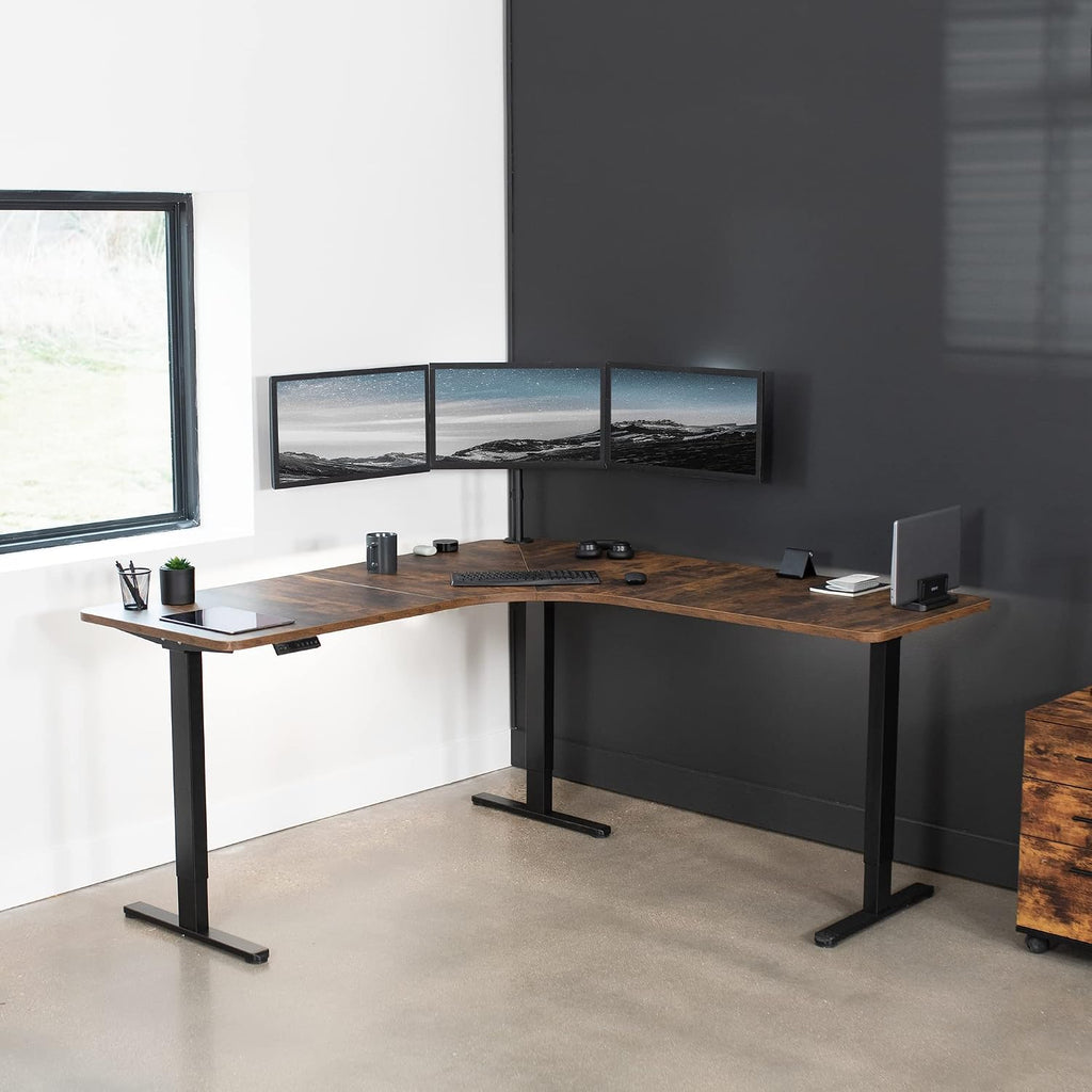 VIVO Universal 71 x 71 inch Curved Corner Table Top for L-Shape Sit to Stand Height Adjustable Home and Office 3-Leg Desk Frames, Rustic Vintage Brown Desktop, DESK-TOP2CN
