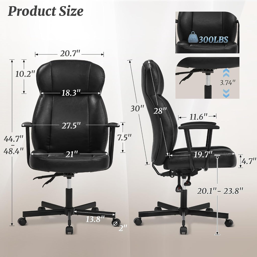 Cozyman Ergonomic PU Leather Home Office Chair, High Back Executive Desk Chair with 5-Layer Cushion, 95-135° Reclining Back, Lumbar Support, Adjustable Height, 360° Swivel for Home Office Task, Black