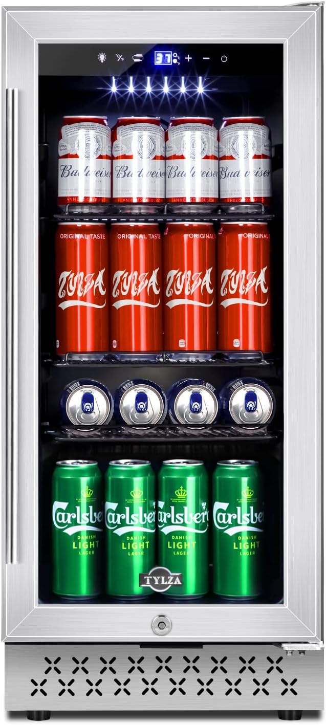 Tylza 15 Inch Beverage Refrigerator, 130 Cans Quiet Beverage Fridge, 15'' Beverage Cooler Under Counter with Glass Door and Lock for Built-in or Freestanding With Temperature Memory Function TYBC100